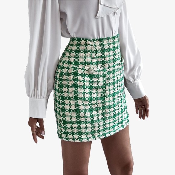 NEW Zara Tweed Green Cream Bejeweled Houndstooth Mini Skirt- Size S - Picture 3 of 14